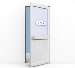 Clipart Illustration of an Open Office Door With An Open Sign Ha